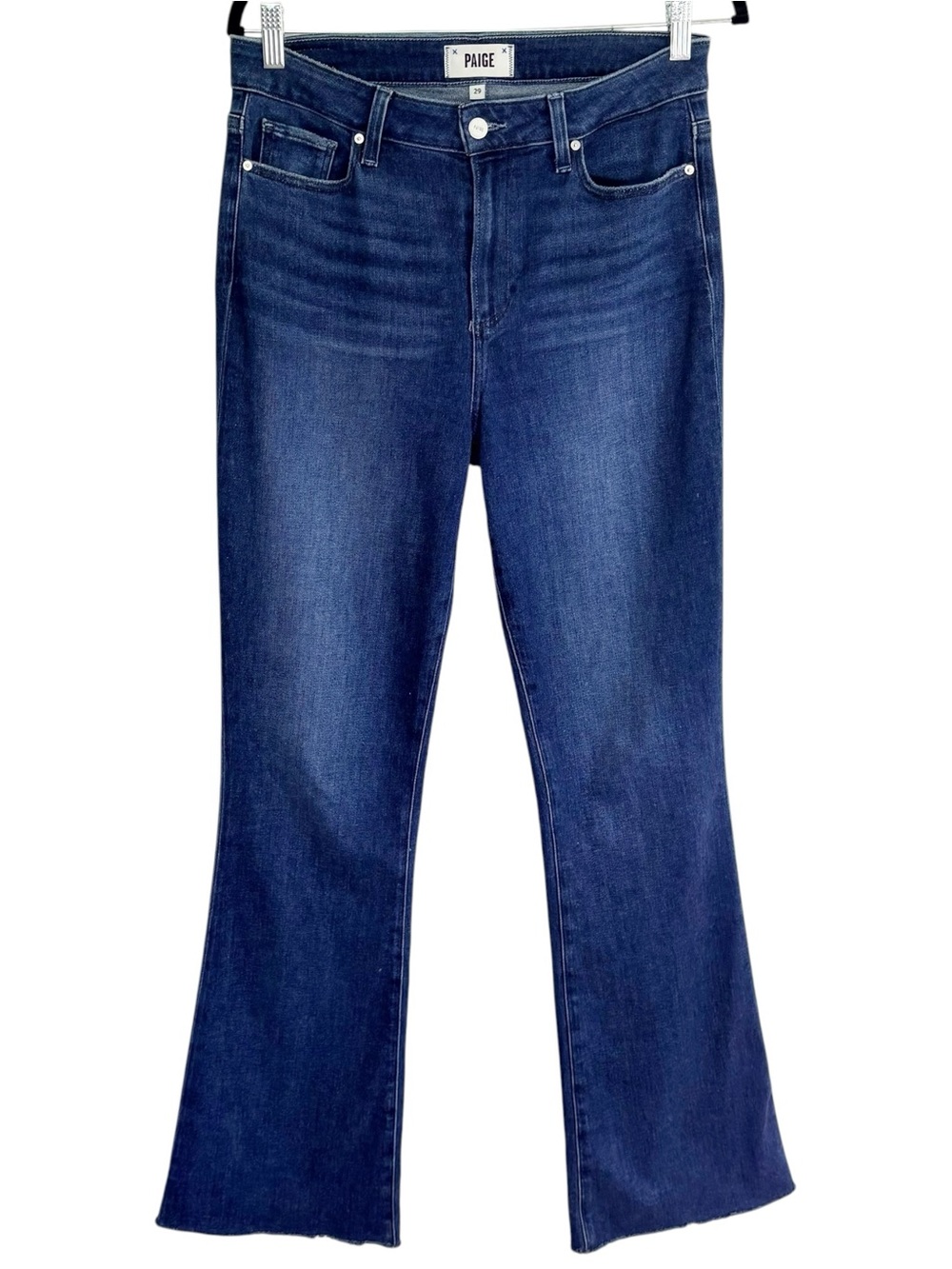 PAIGE Laurel Canyon High Rise Dark Wash Flare Jeans Raw Hem 29